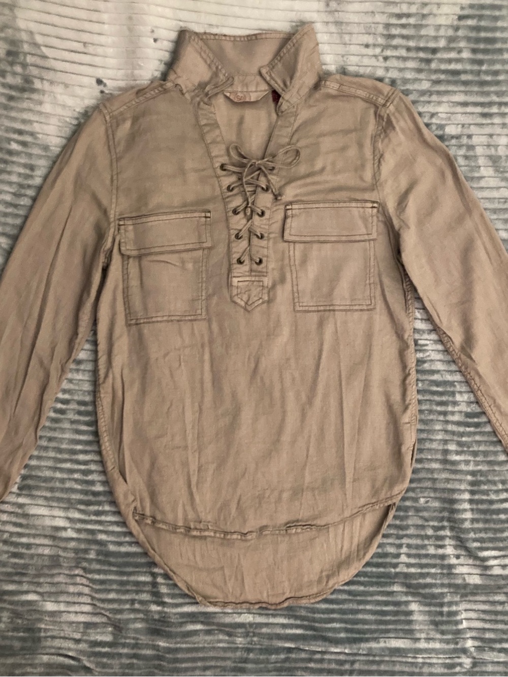 SO Beige Lace-Up Button-Down Utility Shirt